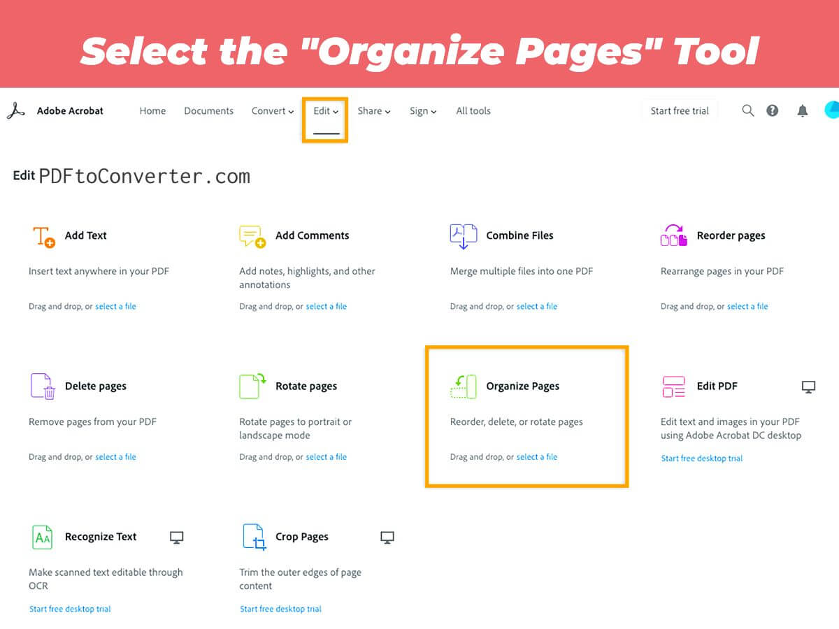 Select the Organize Pages Tool in adobe acrobat